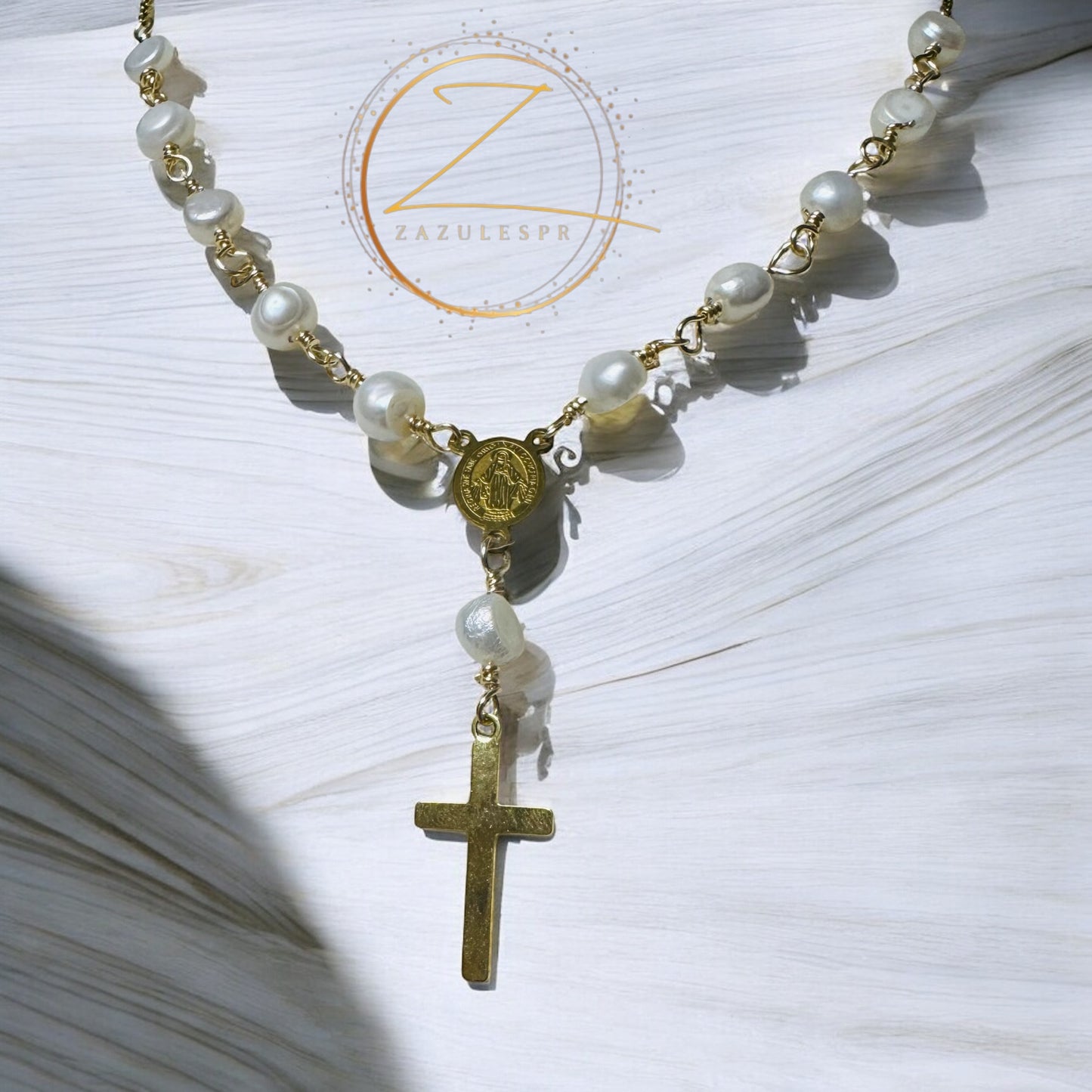 Collar - Rosario Denario con perlas de agua dulce - Dorado