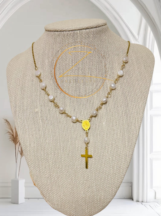 Collar - Rosario Denario con perlas de agua dulce  - Dorado