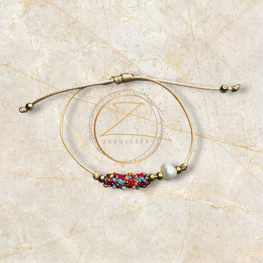 Pulsera multicolor - dorada hilo crema