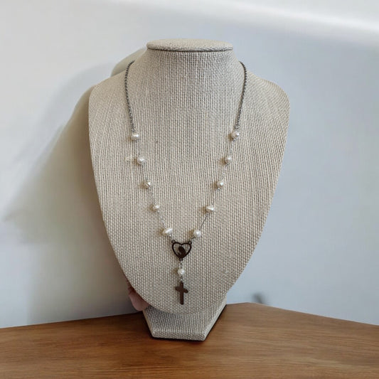 Collar - Rosario Denario con perlas  - Plateado