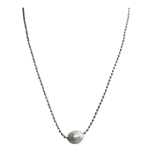 Collar - perla encadena militar   - Plateado